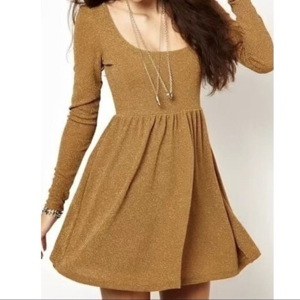 Free People Day & Night Gold Metallic Long Sleeve Babydoll Mini Dress Sz Unsure